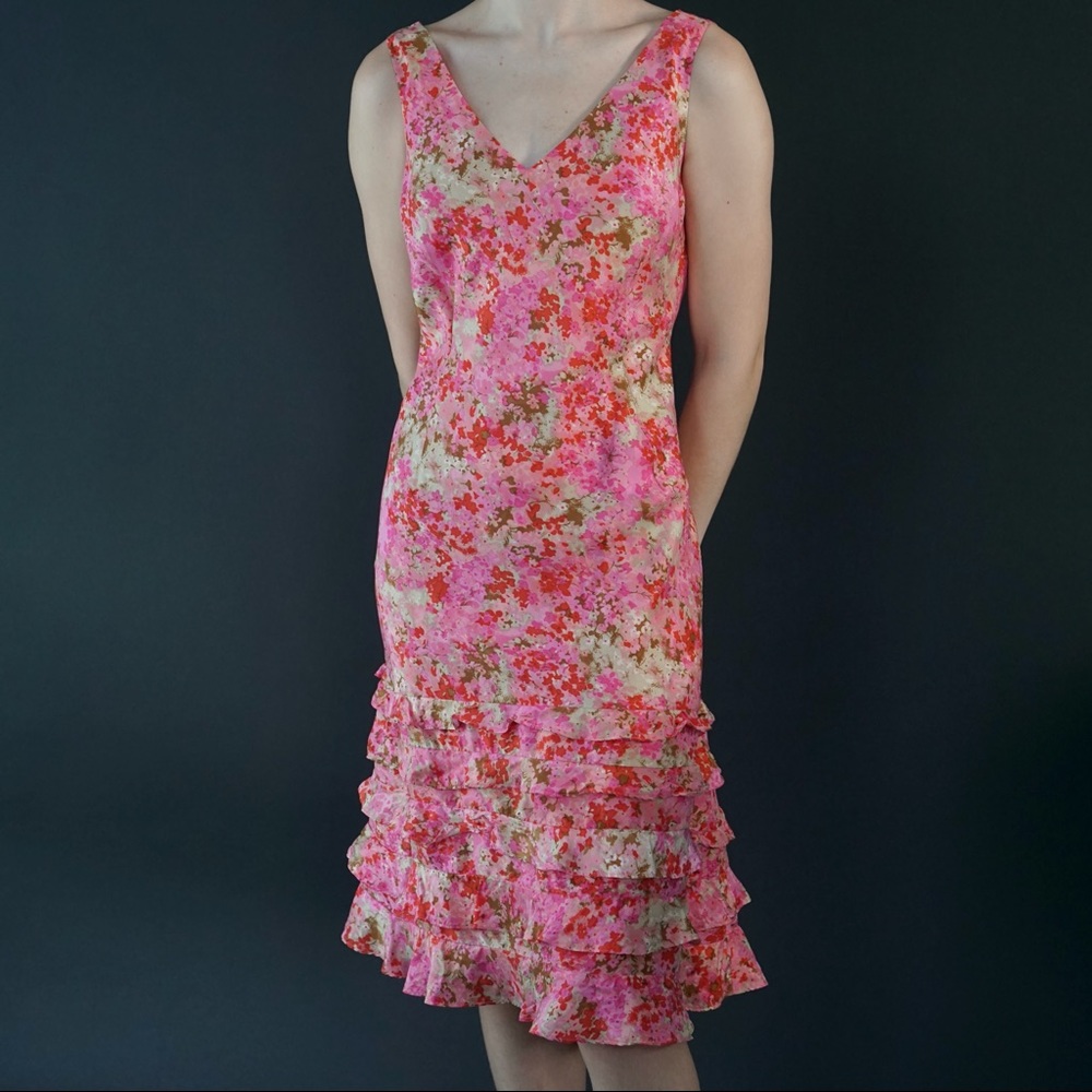 Ann Taylor pink floral silk ruffle dress